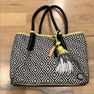 Vince Camuto Black & White Geometric Tote with Yellow Trim and Tassel